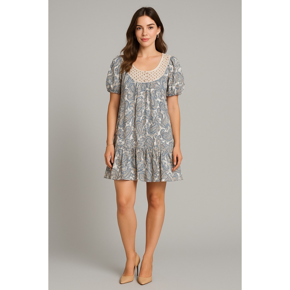 Lucky Brand Dress Womens M White Blue Puff Sleeve Paisley Flow‎ Boho Tunic Short